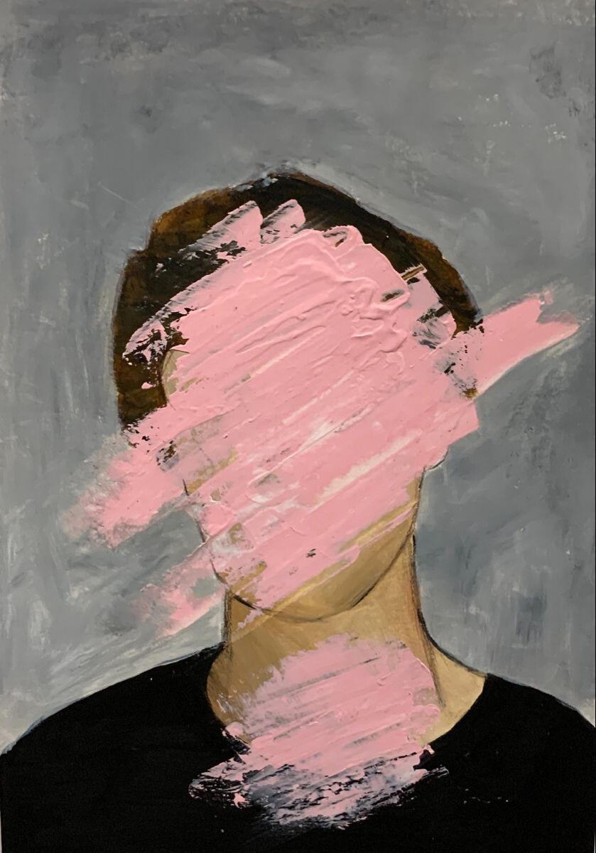 Sexual Coercion and the Erosion of Self Abstract painted portrait of a person against a gray background, with their face and neck obscured by thick pink brushstrokes.